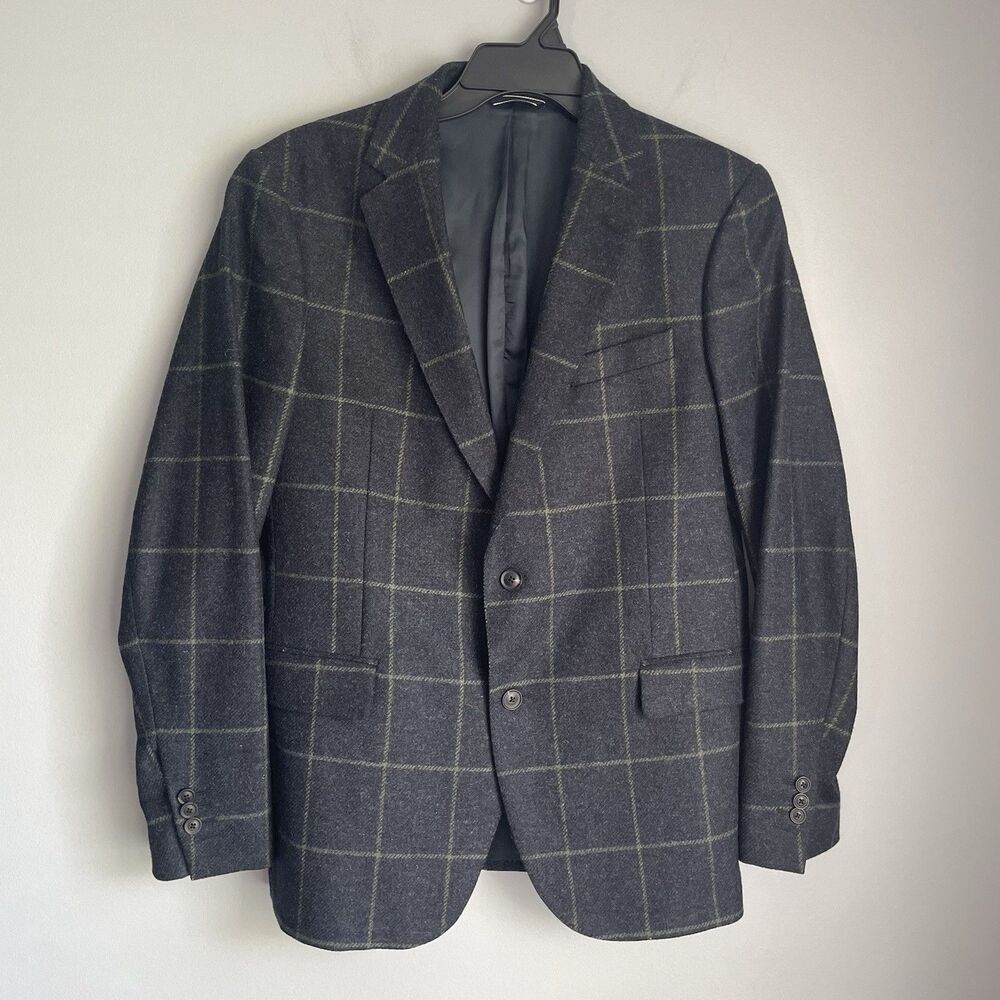 Gant Window Pane Wool Blazer Size 50 / US 40R Navy Blue w/Green  Stripe Jacket
